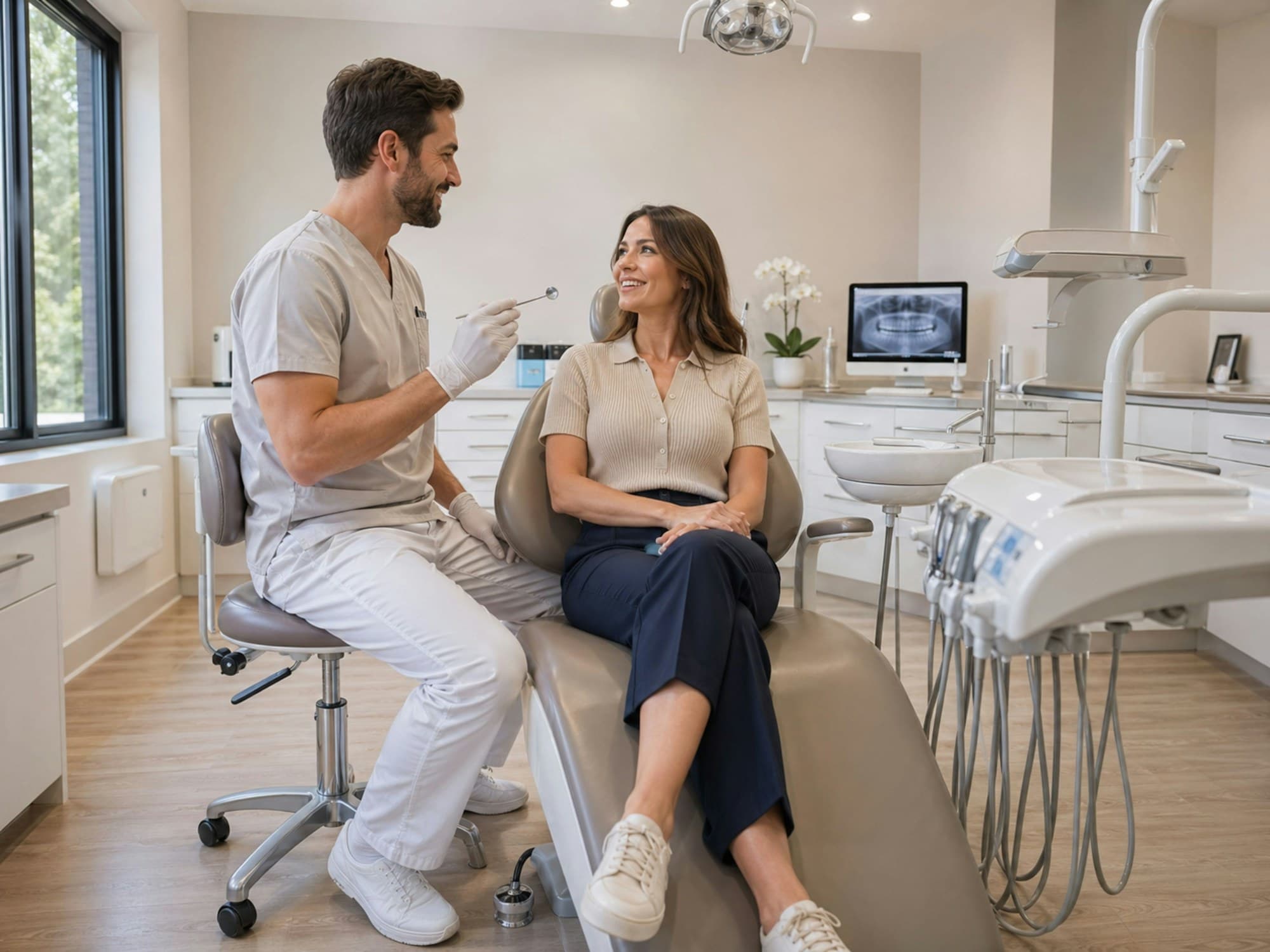 A patient chatting with the dentist in a bright treatment room
